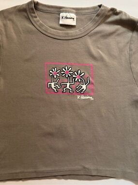 Keith Haring Womens Large Gray Crop Baby Tee Graphic Floral Dancing Figures Y2K